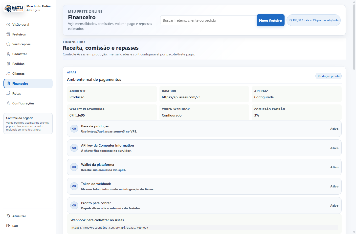 Tela financeira do painel do freteiro